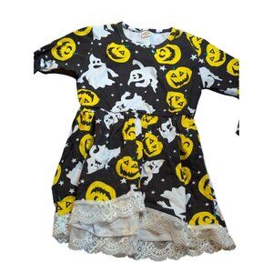 Halloween Girls Dress W/ Lace Trim Ghosts & Pumpkins Print Black/Yellow White Ki